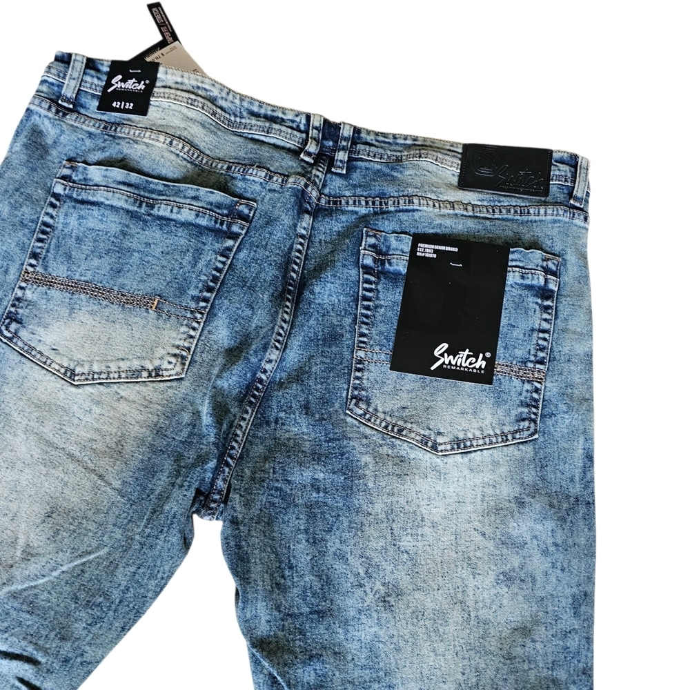 Men's Blue Slim Taper Fit Distressed Jeans with Fading - Picture 11 of 11